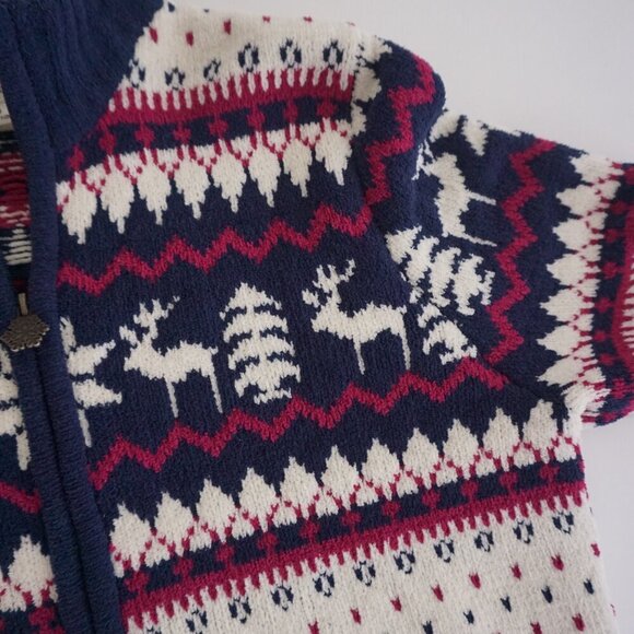 Vintage Tradition White Blue Red Winter Reindeer Snowflake Zip Up Sweater M - Picture 10 of 11